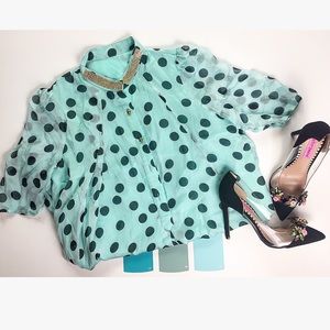 100% Silk Crystal Collar Polka Dot Sheer Blouse